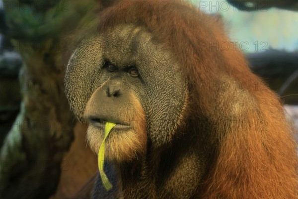 Borneo Orang Utan (Pan Paniscus), adult, male, portrait, feeding, endangered species, Borneo,