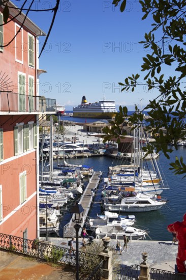 View from Jardin Romieu of the old port and ferry, Port de Plaisance or Vieux Port, old town,