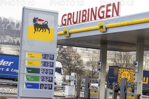 Fill up at Agip on the motorway. High prices on the A8 motorway near Gruibingen, Baden-Württemberg,