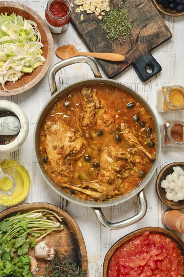 A large pot holds a simmering stew made with rabbit meat, vegetables, and a variety of spices.