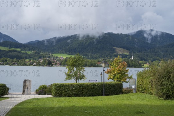 View of the lake from the Tegernsee spa park towards Bad Wiessee, Tegernsee, Upper Bavaria,