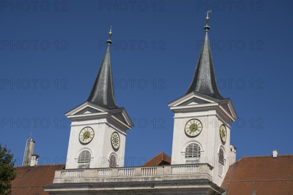Towers of St. Quirinus Parish Church, Tegernsee Abbey, Castle with Braustüberl, Tegernsee, Upper