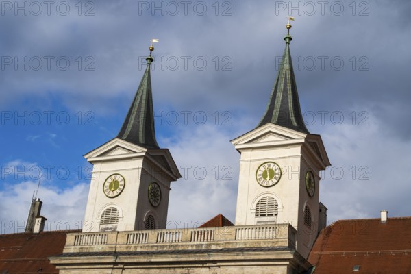 Towers of St. Quirinus Parish Church, Tegernsee Abbey, Castle with Braustüberl, Dramatic Clouds,