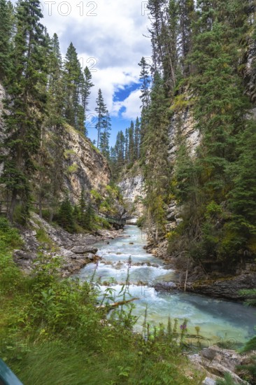 Turquoise water flowing through johnston canyon, a scenic gorge in banff national park, alberta, is