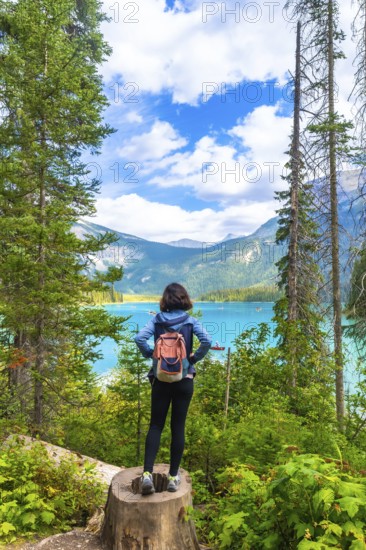 Female hiker standing on a tree stump, admiring the breathtaking view of emerald lake and