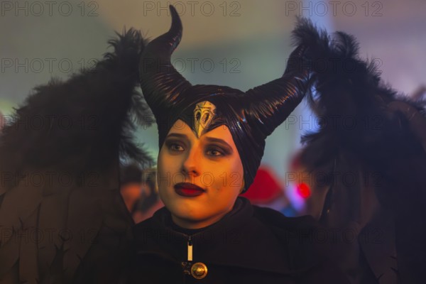 Teufelin, woman with horns and wings, Raunacht, winter, Waldburg Castle, Allgäu, Baden-Württemberg,