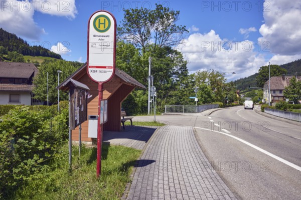 Simonswald Adler bus stop, bus shelters, road, sidewalk, car bridge and footbridge, metal railings,