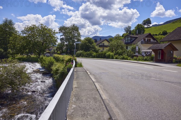 Wilde Gutach river, car bridge and footbridge, metal railing, road, sidewalk, general development,