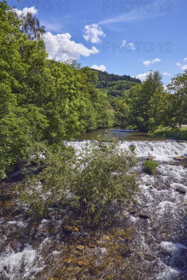 Wilde Gutach river, hills, hilly landscape, coniferous forest, trees, shrubs, wavy lively water