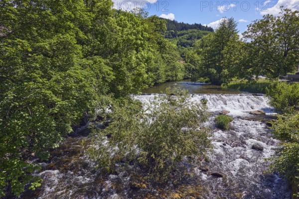 Wilde Gutach river, hills, hilly landscape, coniferous forest, trees, shrubs, wavy lively water