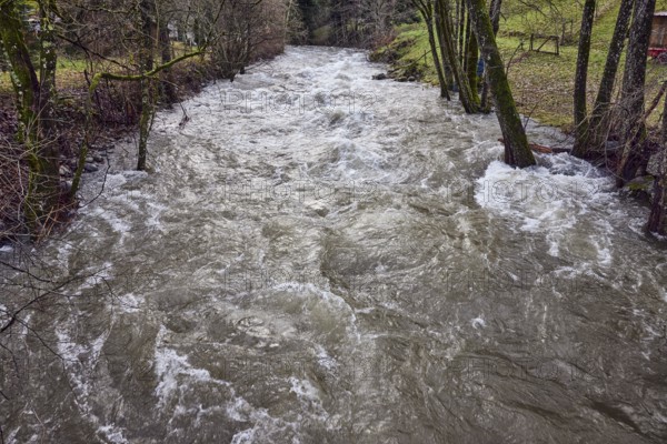 Wilde Gutach river, unpaved bank, trees, meadow, diffuse light, lively wavy water surface, diffuse