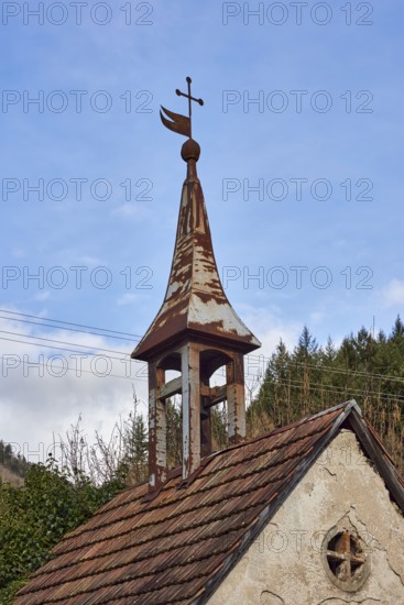 Ibicher old chapel, historic chapel, bell tower, weather vane, cross, hill, coniferous forest, blue