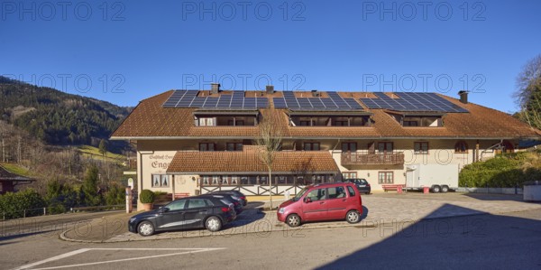 Gasthof Hotel Engel, Schwarzwaldhaus, house, building, parking lot with cars, street, hills, hilly