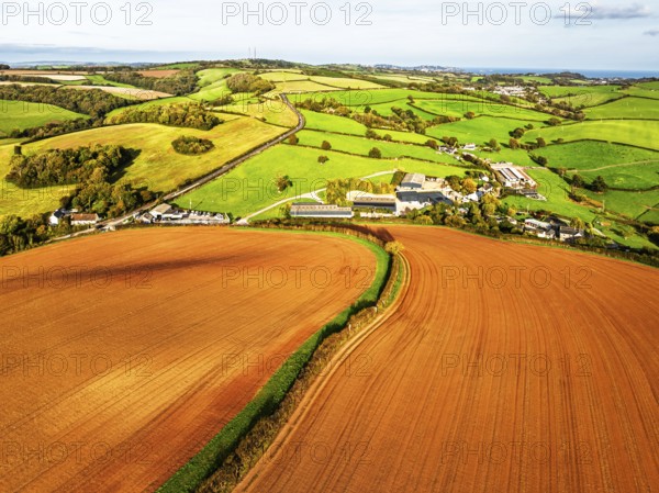 Colours of Devon Farms and Fields over Paignton and Berry Pomeroy from a drone, Totnes, England,