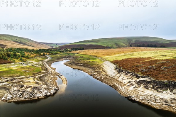 Autumn over Craig Goch Dam from a drone, Elan Valley Reservoirs, Elan Valley, Rhayader, Powys,