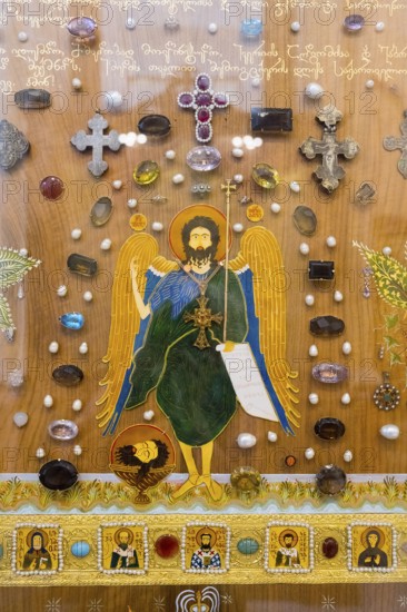 Detailed icon with precious stones and religious symbols, highlighting spirituality, Sameba