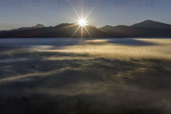 Sunrise, morning light, fog, mountains, autumn, back light, aerial view, view of, Benediktenwand,