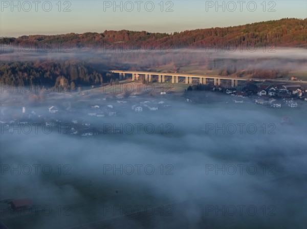 Autobahn bridge, A 95, village, houses, morning light, fog, mountains, autumn, sunny, aerial view,