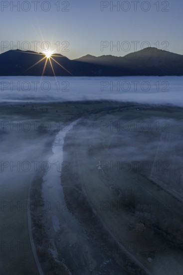 River, sunrise, morning light, fog, mountains, autumn, back light, aerial view, Loisach, behind