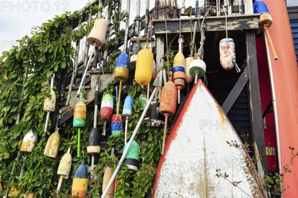 Colorful lobster buoys, boat, decoration, facade detail, seafood restaurant, lobster specialty,