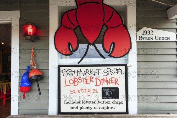 Entrance sign, restaurant, lobster specialty, fish market, decoration, Kennebunkport, Maine, New