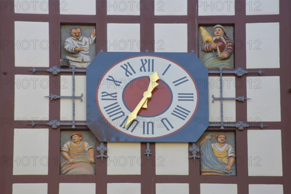 Historic Tübingen Gate built in 1330 with half-timbering, clock and figures, city gate, city tower,