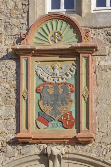 City coat of arms with date 1555, panel with decorations, detail, Spitalhof, market square,