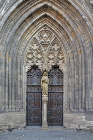 Church portal of the Gothic St. Mary's Church, tympanum with figure and decorations, Reutlingen,