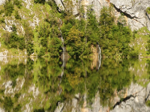 Mountain forest, small waterfall and rock walls are reflected in Obersee, Berchtesgaden National