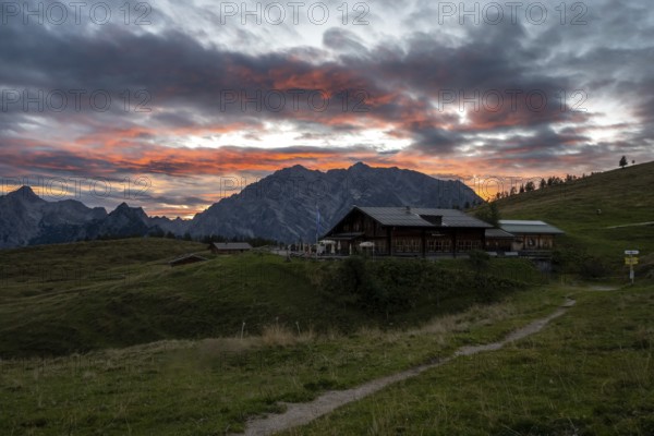 Sunset at Schutzhütte Gotzenalm with Watzmann Ostwand, Berchtesgaden National Park, Bavaria,