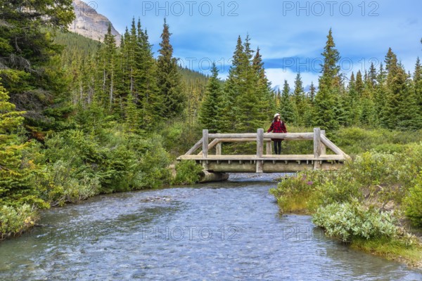 Female tourist is enjoying the breathtaking view from a wooden bridge over a clear stream,