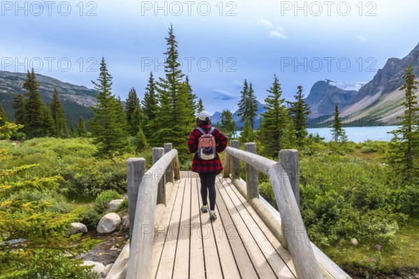 Female tourist with backpack walking on a wooden bridge at bow lake surrounded by lush vegetation