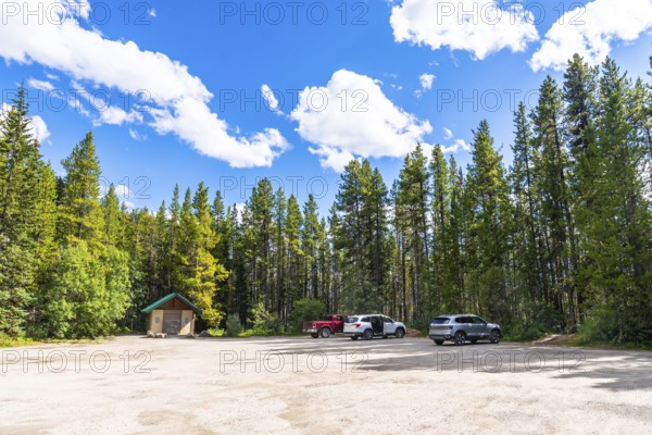 Herbert lake parking lot nestled in lush pine forest under a vibrant blue sky with fluffy clouds,