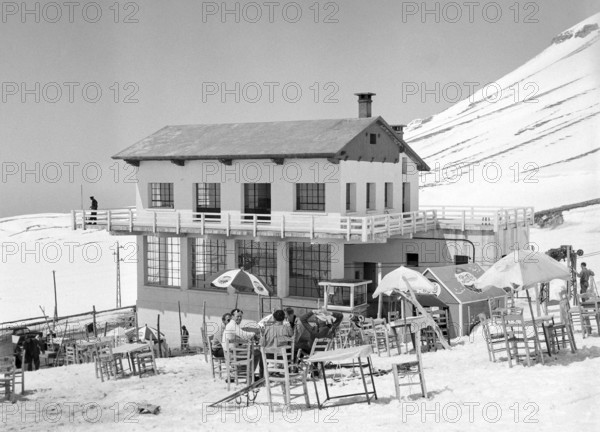 Male skiers at ski lift cafe, Cedars Ski Resort, Bsharri, Lebanon, Middle East c 1956 - the