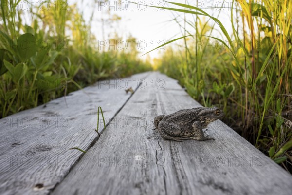 Common toad (Bufo bufo) are on a wooden walkway boardwalk wooden path, near Vianaavan lintutorni,