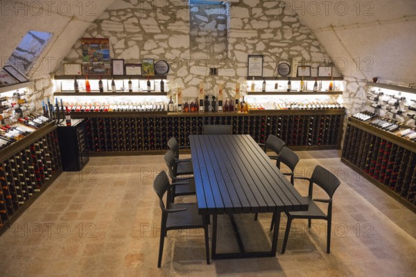 Wine cellar with long tasting table and chairs, surrounded by illuminated wine racks on stone