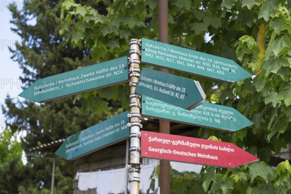 Colourful guide with cultural heritage signs in German and Georgian under Laub, Bolnissi,