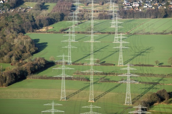 Power poles, electricity highway, Hamburg state border, Oststeinbek, Havighorst, aerial view,