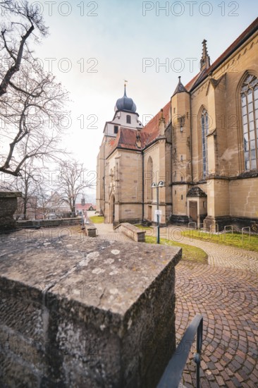 Impressive Gothic church with large windows and magnificent tower, Herrenberg, Böblingen district,