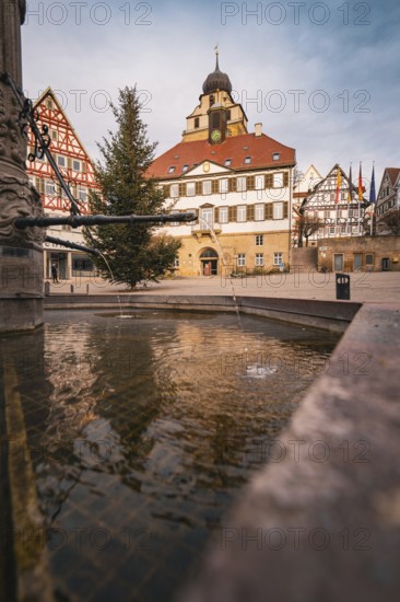 Picturesque backdrop with half-timbered houses and fountains in an old town, Herrenberg, Böblingen
