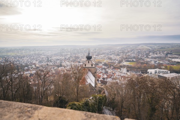 Extensive city view with a church tower in the foreground and a wide landscape, Herrenberg,