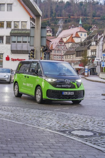 Green car in the city center with half-timbered houses in the background in rainy weather, Deer