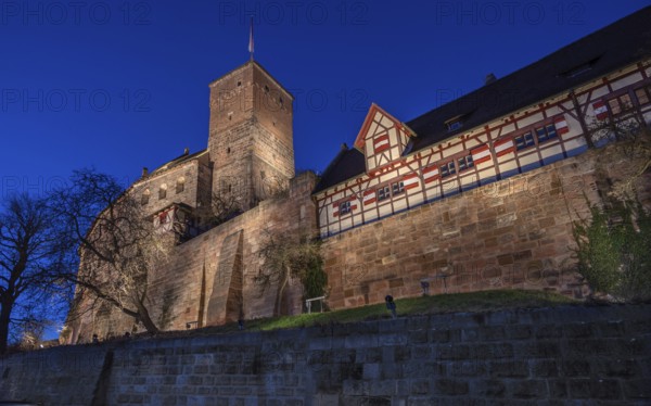 The Nuremberg Kaiserburg in evening lighting, blue evening sky, Mount of Olives, Nuremberg,