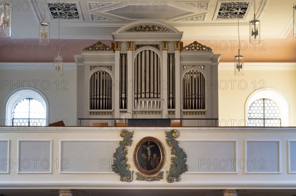 Interior photo, organ gallery, Saint Barbara Catholic Church from 1783, Hofen, Mühlhausen am Neckar