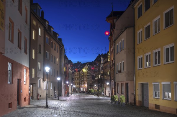 Historic half-timbered houses in Weißgerbergasse in evening lighting, Nuremberg, Middle Franconia,