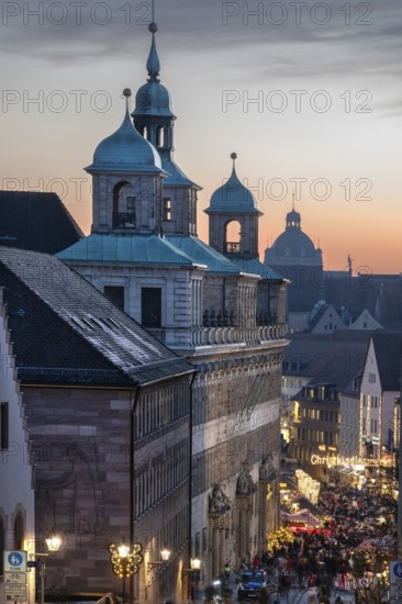 The historic Woff Town Hall, on the right the secured entrance to the Nuremberg Christmas Market in