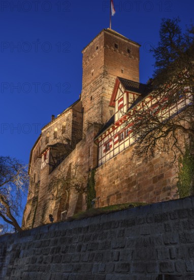 The Nuremberg Kaiserburg in evening lighting, blue evening sky, Mount of Olives, Nuremberg,