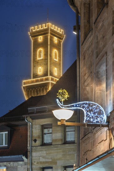 Fürth Town Hall Tower in evening lighting, blue evening sky, Fürth, Middle Franconia, Bavaria,
