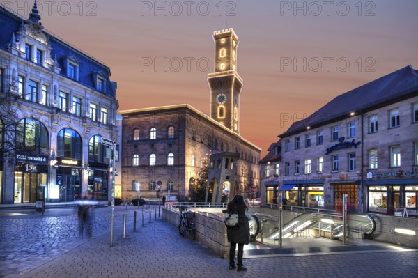 Fürth Town Hall in evening lighting, the tower is imitated the tower of the Palazzo Vecchio in