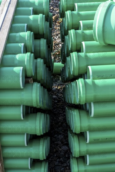 Symbolic picture construction site, sewage pipes for dirty and rainwater, for installation in the